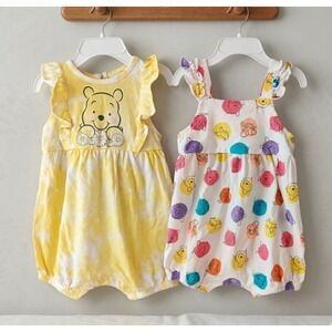 Disney Baby Winnie the Pooh Ruffle Romper Sunsuit Set Lot 18M Yellow White Daisy